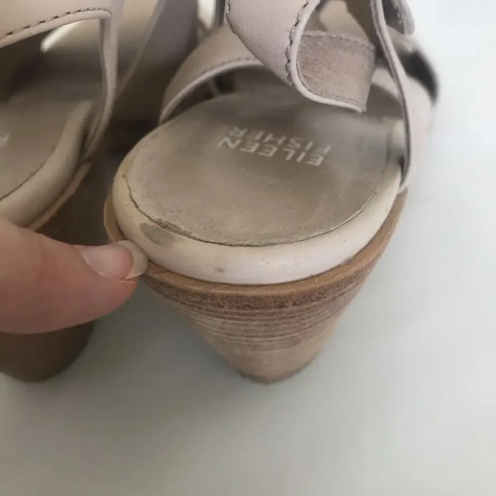 Eileen Fisher Womens Strappy Sandal‎ Heels Cream Beige Leather Slingback Sz 8